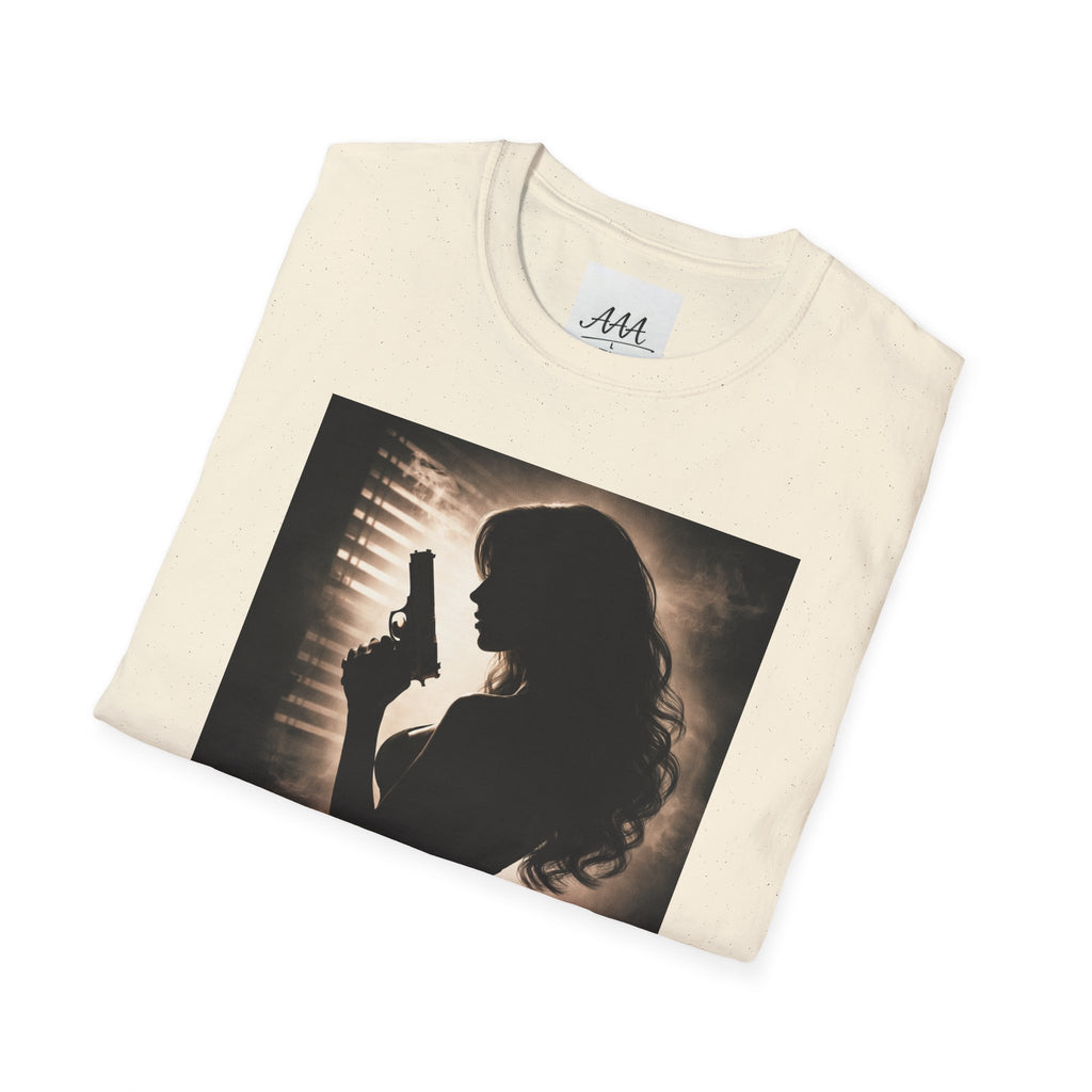 Femme Fatale silhouette T-Shirt | Noir retro poster style, red script
