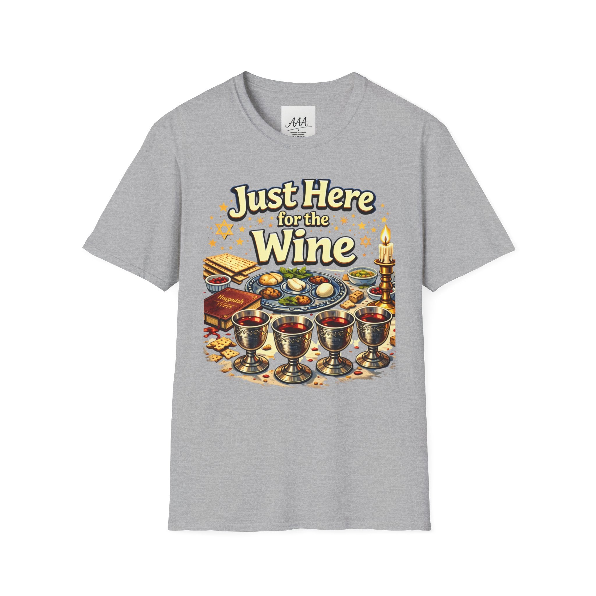 Just Here for the Wine T-Shirt | Passover Seder Illustration, Wine Cups & Matzah