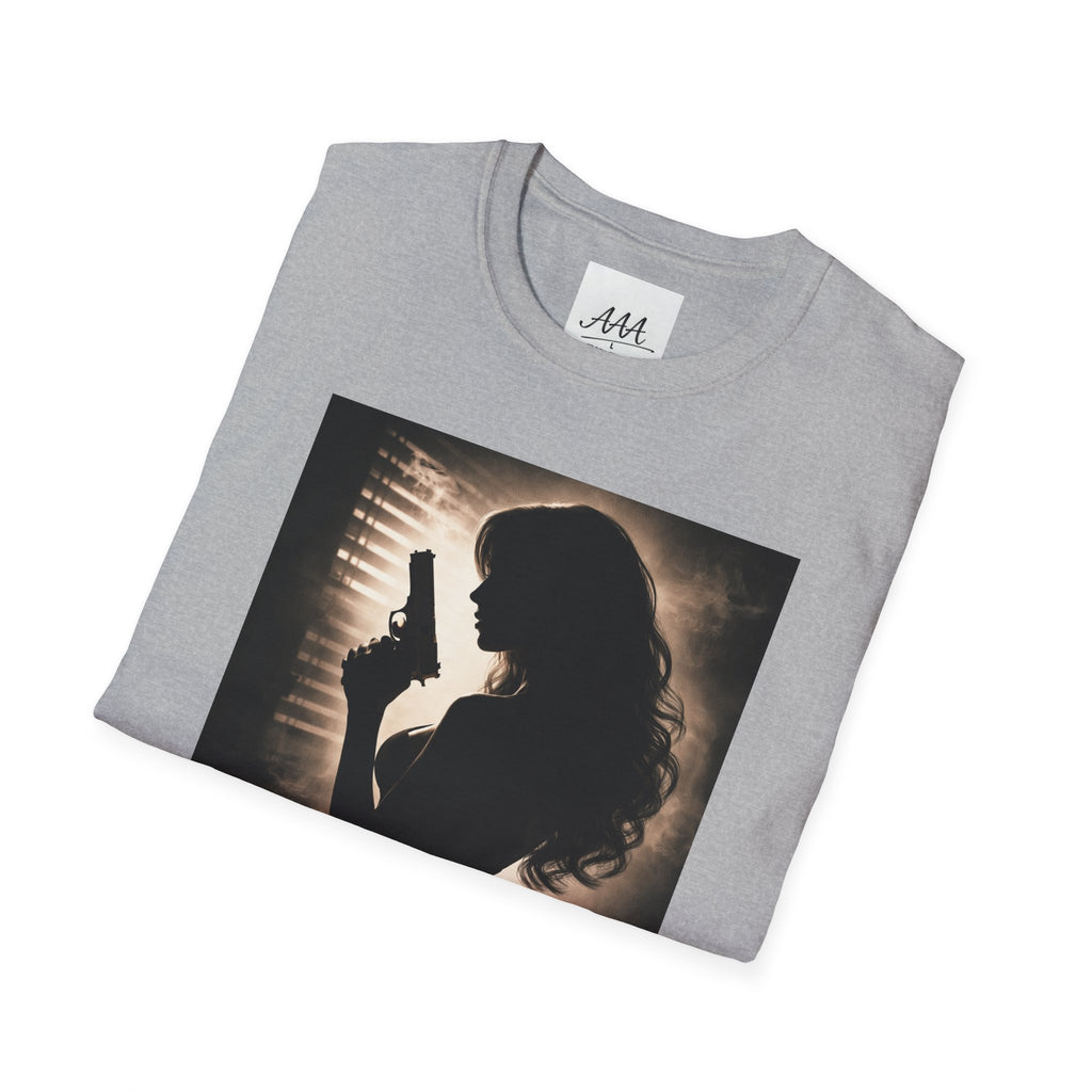 Femme Fatale silhouette T-Shirt | Noir retro poster style, red script