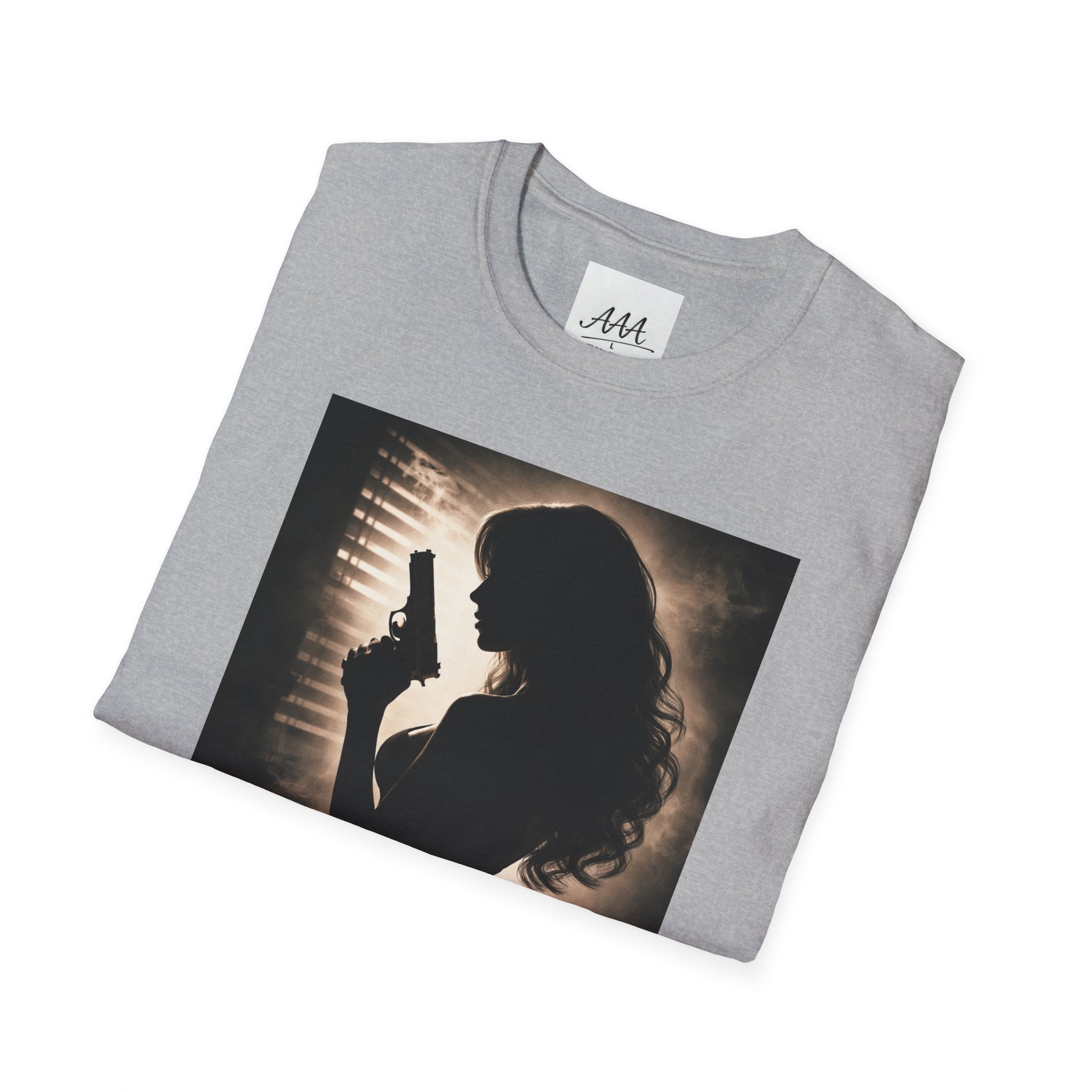 Femme Fatale silhouette T-Shirt | Noir retro poster style, red script