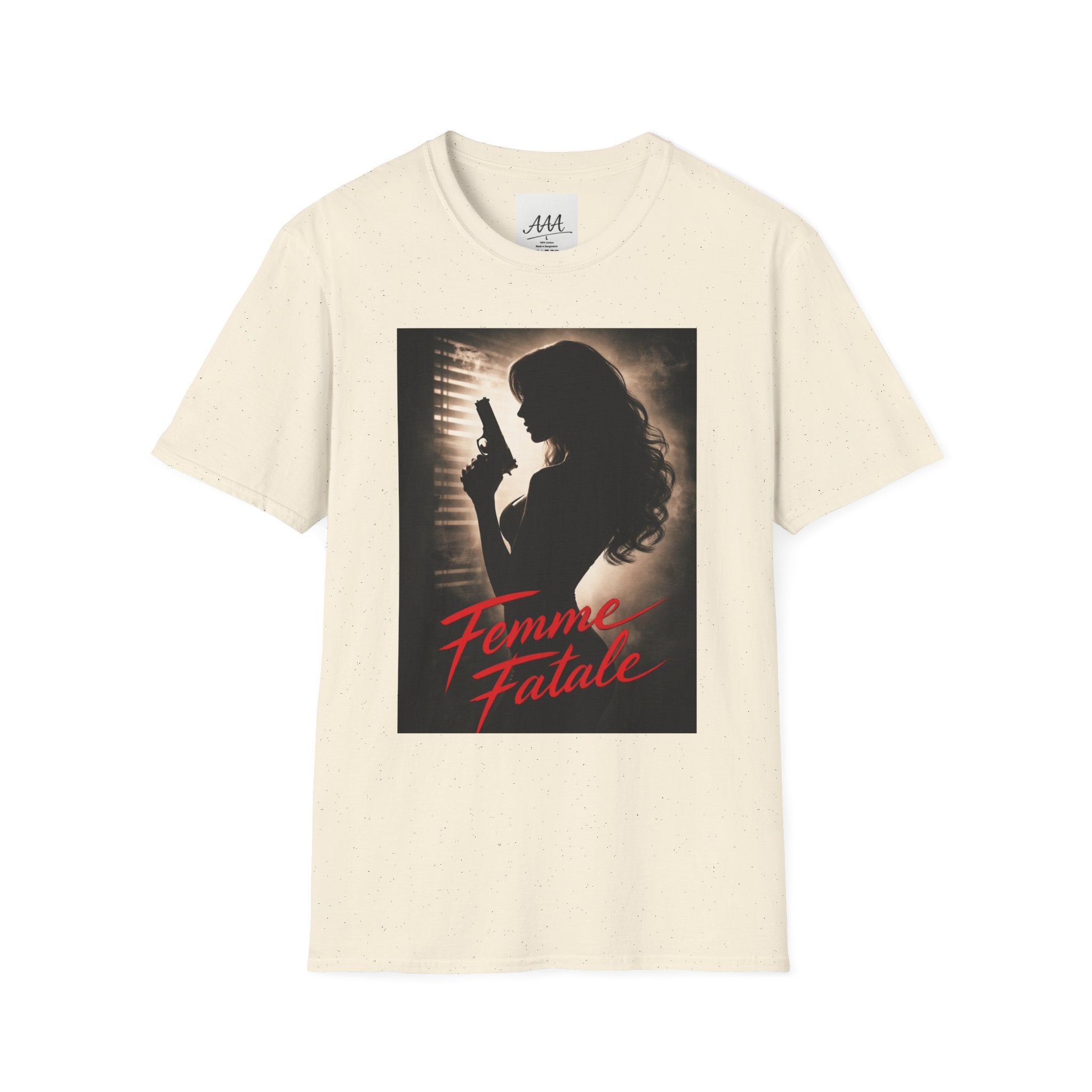 Femme Fatale silhouette T-Shirt | Noir retro poster style, red script