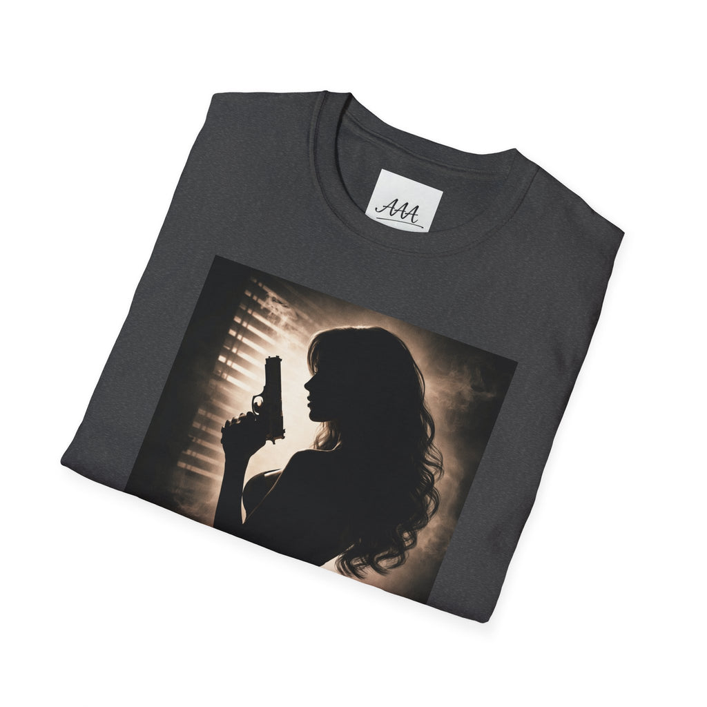 Femme Fatale silhouette T-Shirt | Noir retro poster style, red script