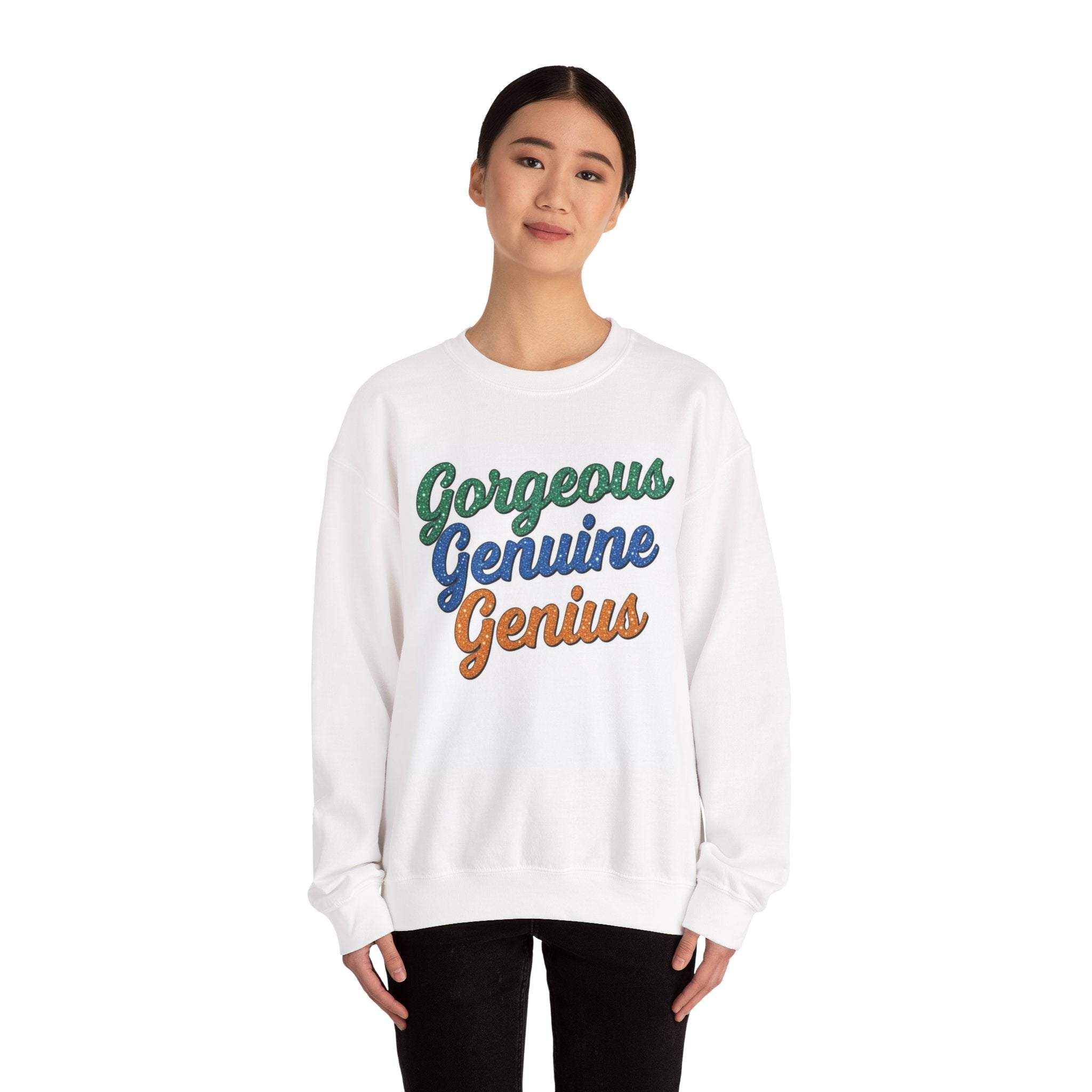 Gorgeous Genuine Genius Sweatshirt | Retro Script Trio in Green Blue Orange
