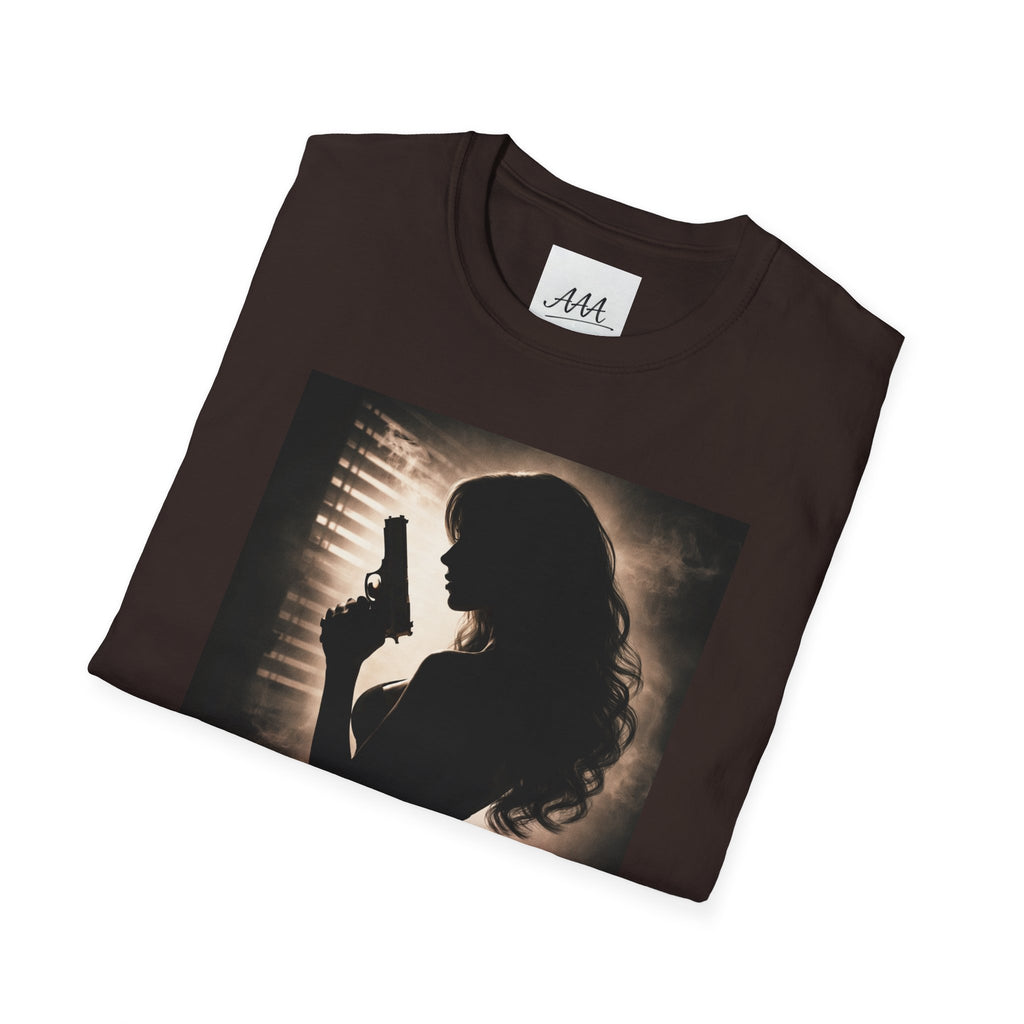 Femme Fatale silhouette T-Shirt | Noir retro poster style, red script