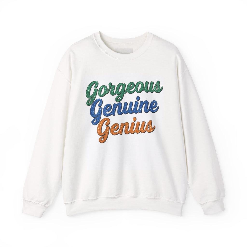 Gorgeous Genuine Genius Sweatshirt | Retro Script Trio in Green Blue Orange