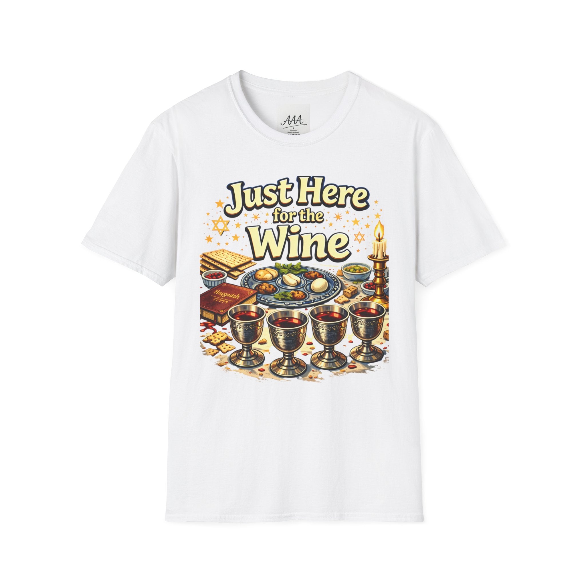 Just Here for the Wine T-Shirt | Passover Seder Illustration, Wine Cups & Matzah