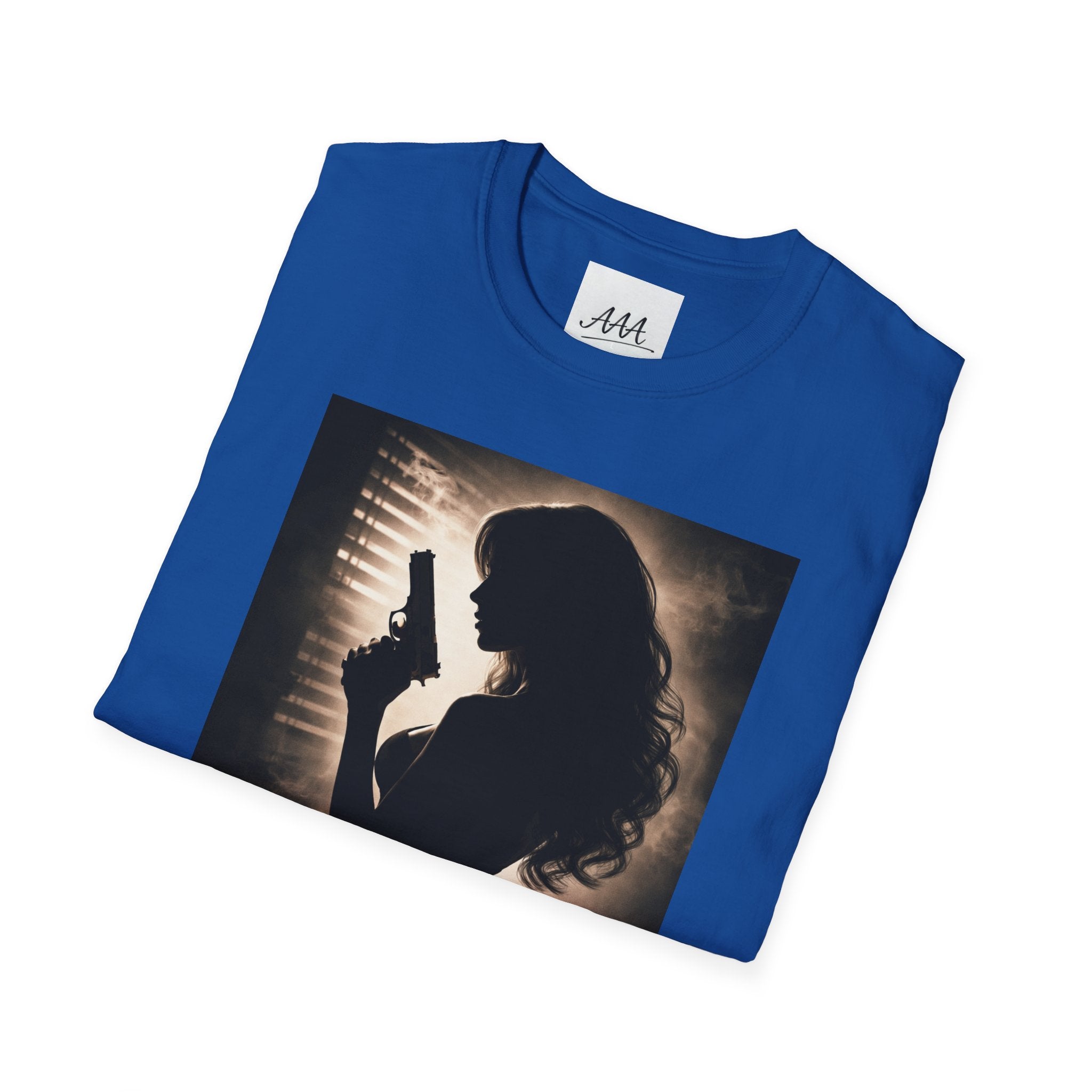 Femme Fatale silhouette T-Shirt | Noir retro poster style, red script