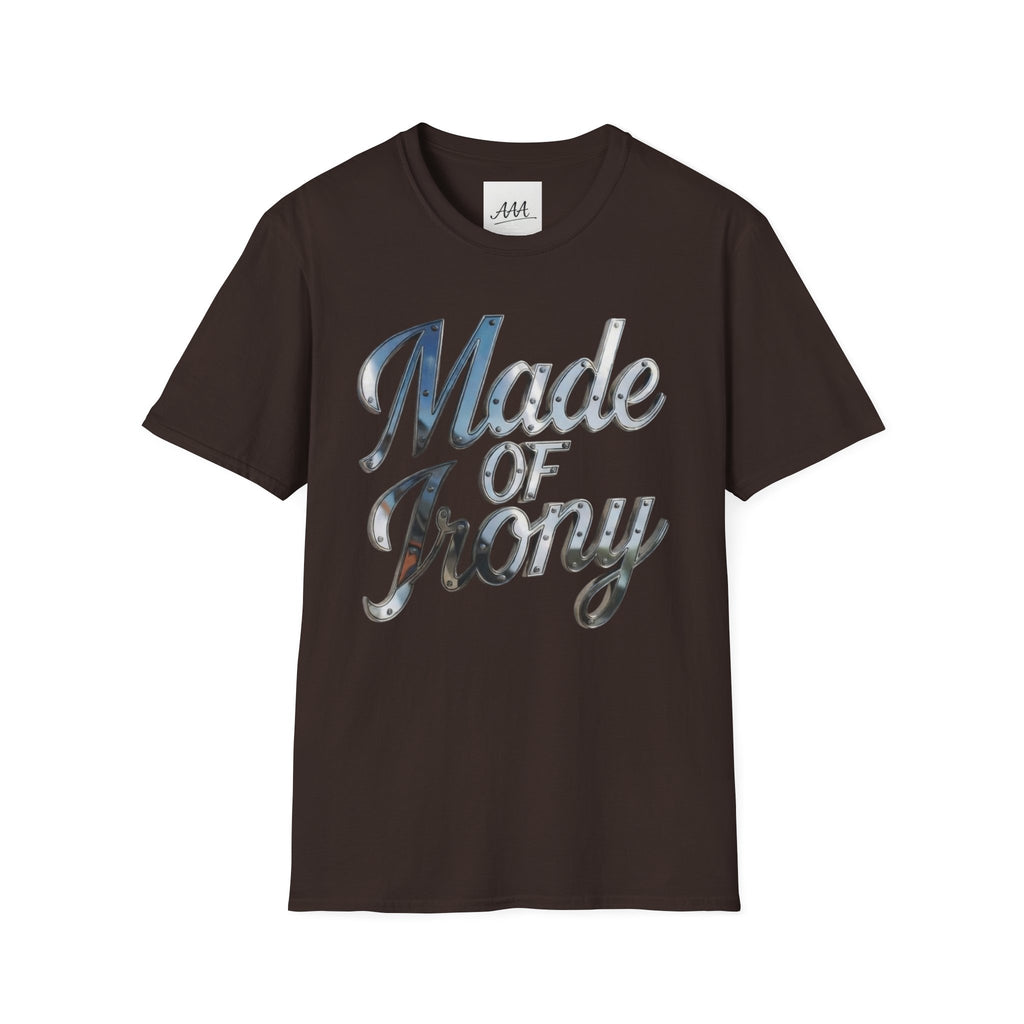 Made of Irony T-Shirt | Funny Science Pun Graphic Tee | Chemistry Humor Shirt | Nerdy Gift for Him | STEM Sarcasm Tee