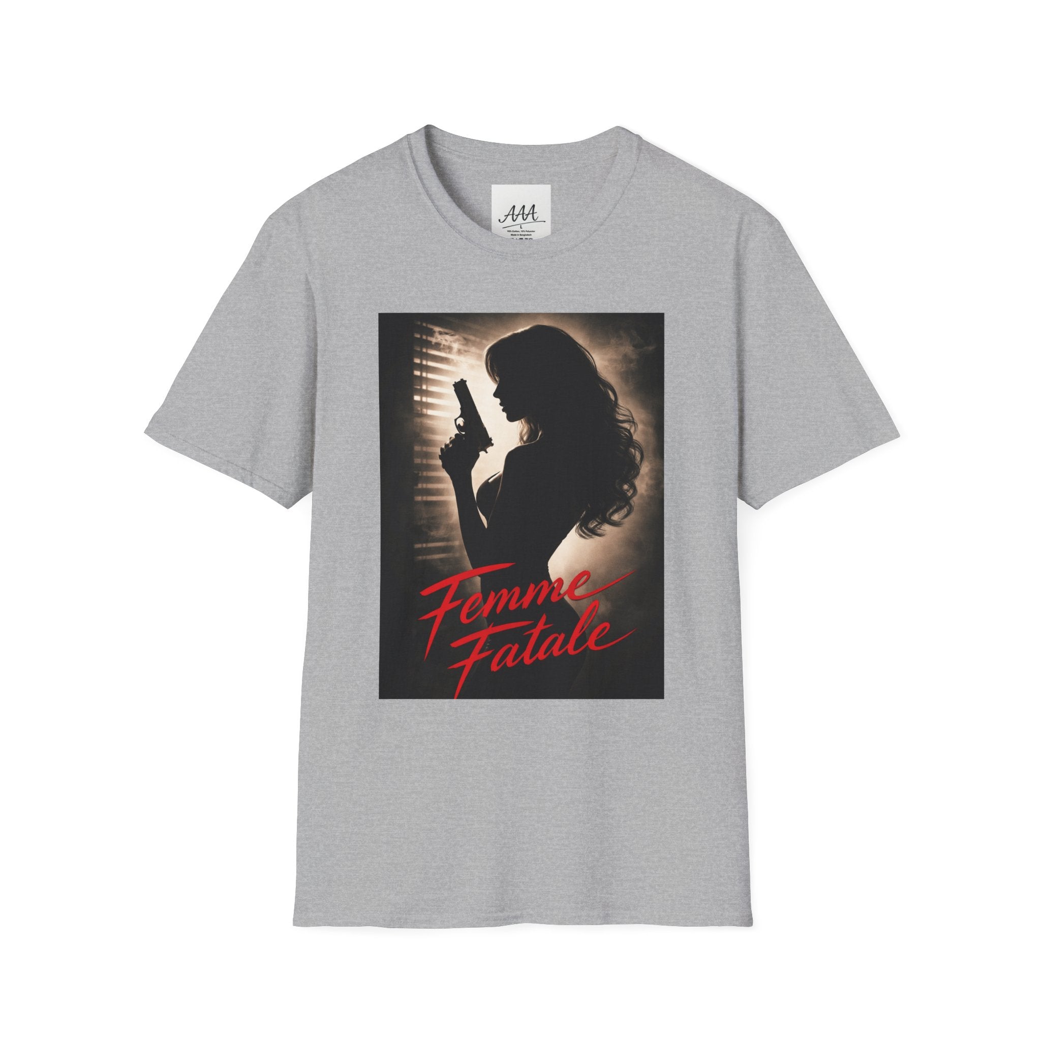 Femme Fatale silhouette T-Shirt | Noir retro poster style, red script