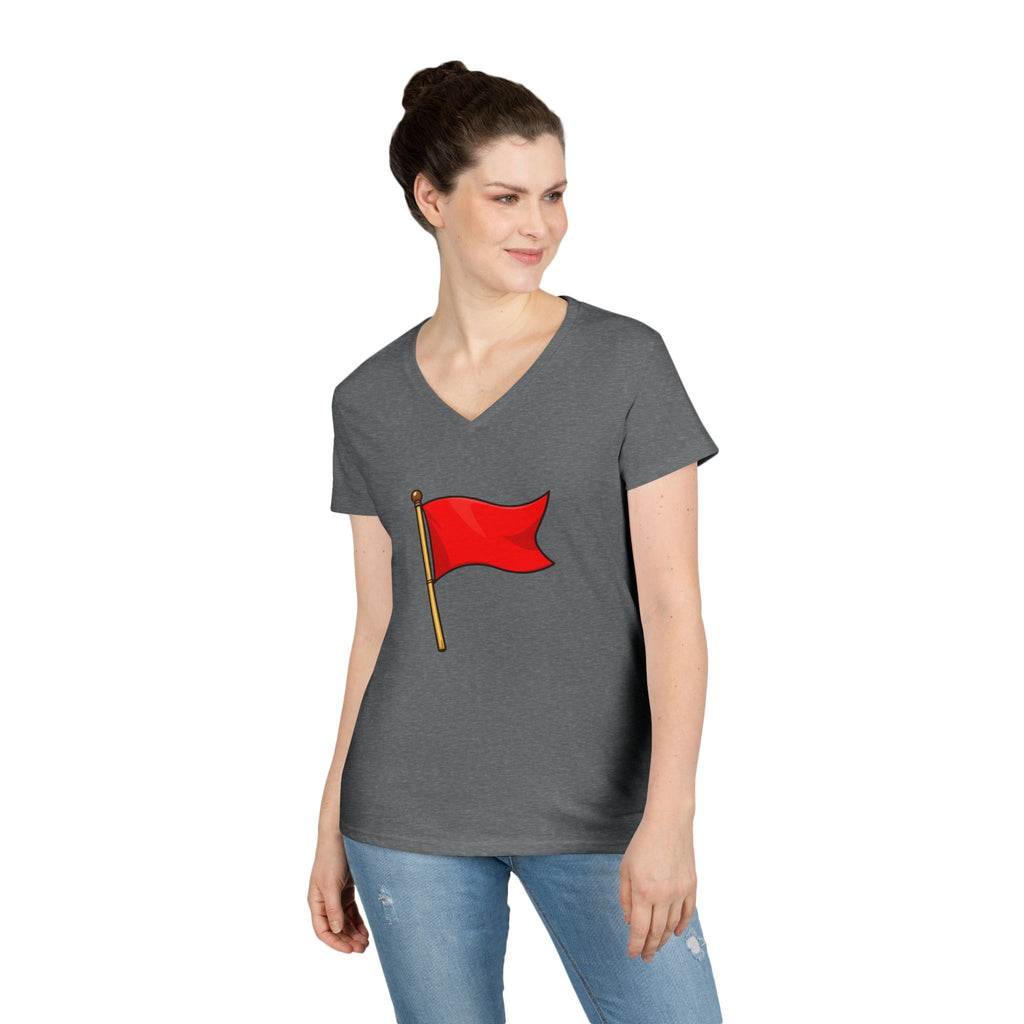 Red Flag Graphic V-Neck Tee Women's Casual Warning Flag T-Shirt