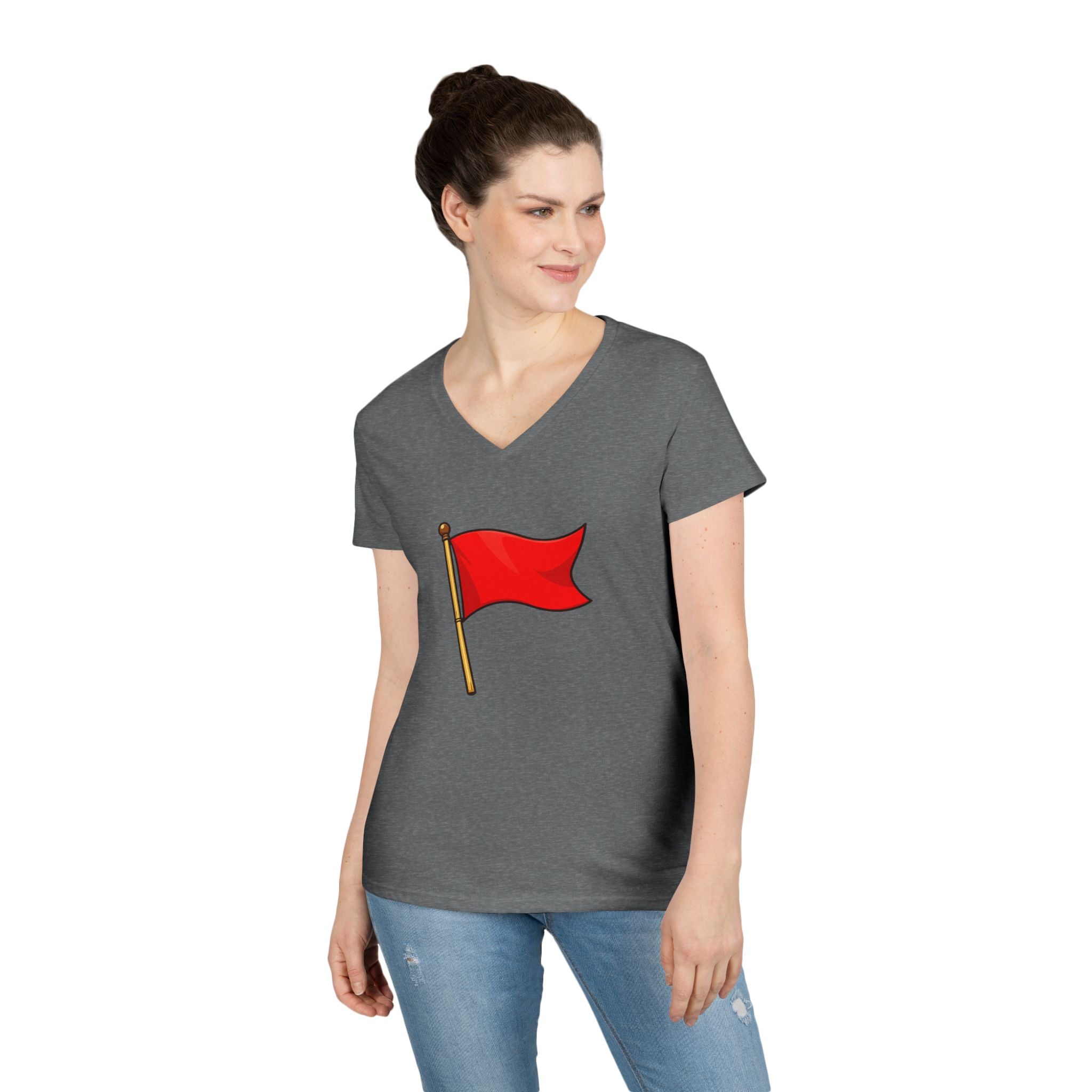Red Flag Graphic V-Neck Tee Women's Casual Warning Flag T-Shirt