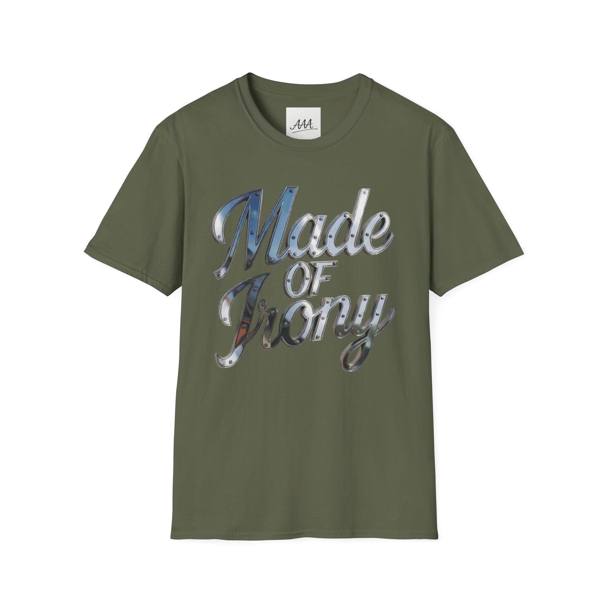 Made of Irony T-Shirt | Funny Science Pun Graphic Tee | Chemistry Humor Shirt | Nerdy Gift for Him | STEM Sarcasm Tee
