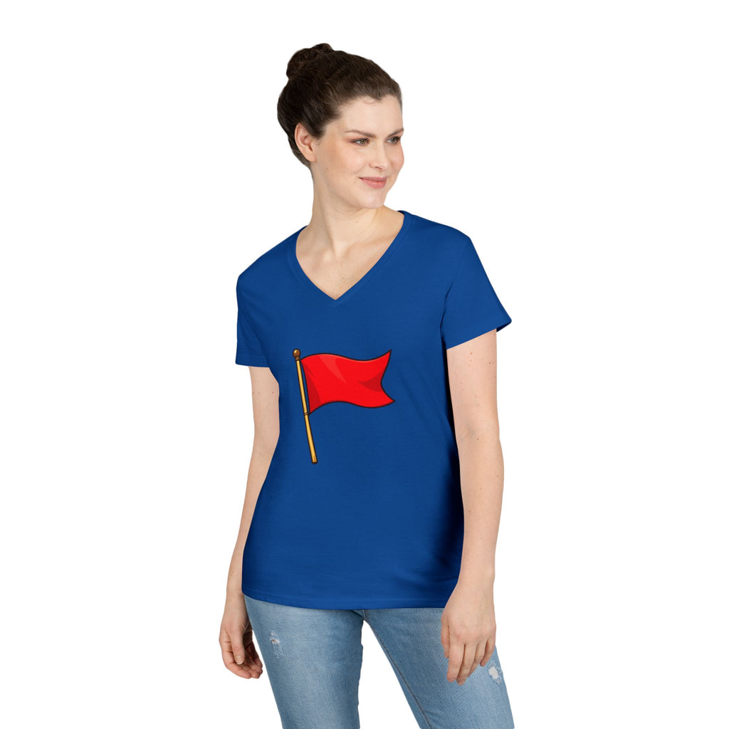 Red Flag Graphic V-Neck Tee Women's Casual Warning Flag T-Shirt