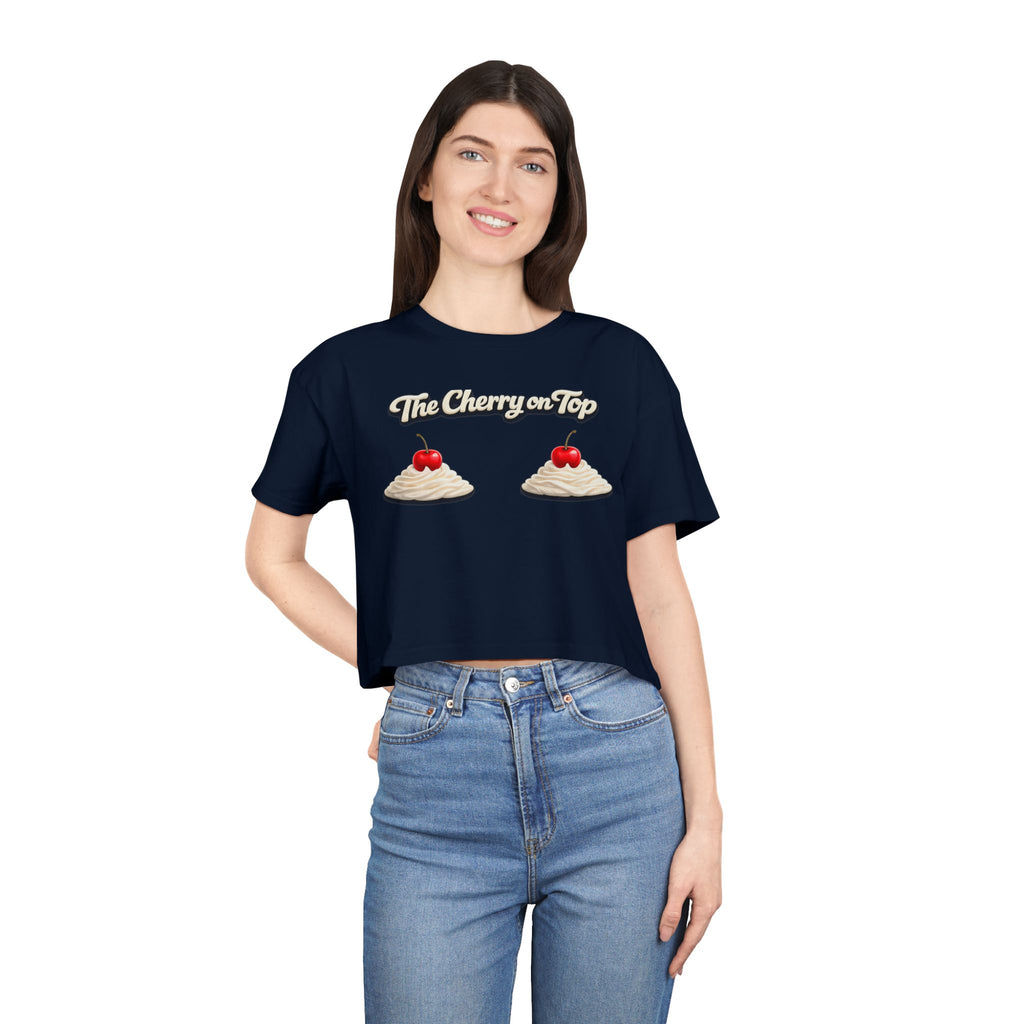The Cherry on Top | Funny Double Cherry Boob Crop Top | Naughty Whipped Cream Cherry on Top Shirt | Gag Gift for Women