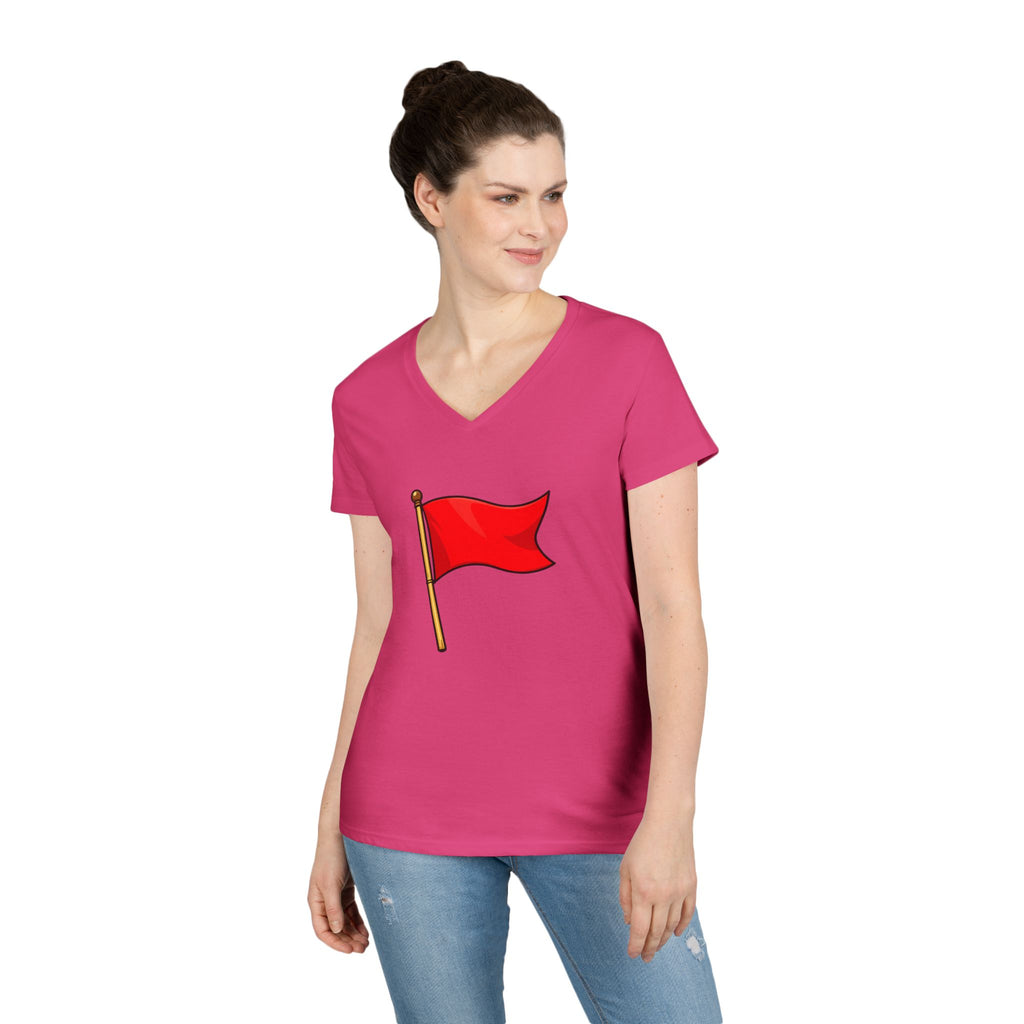 Red Flag Graphic V-Neck Tee Women's Casual Warning Flag T-Shirt