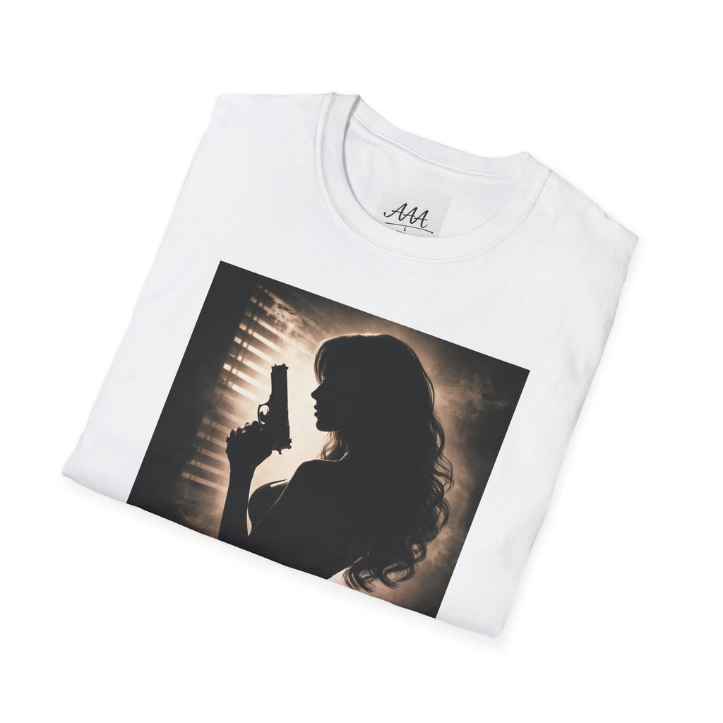 Femme Fatale silhouette T-Shirt | Noir retro poster style, red script