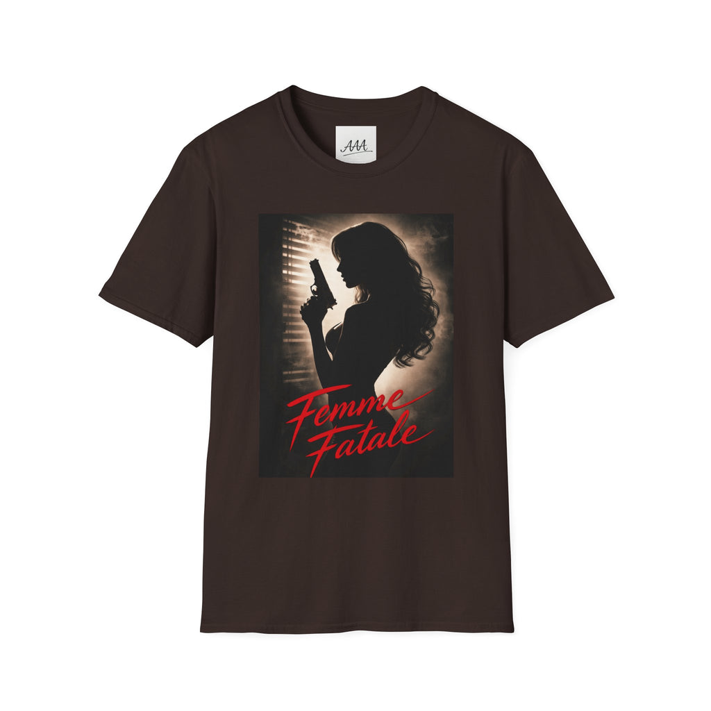 Femme Fatale silhouette T-Shirt | Noir retro poster style, red script