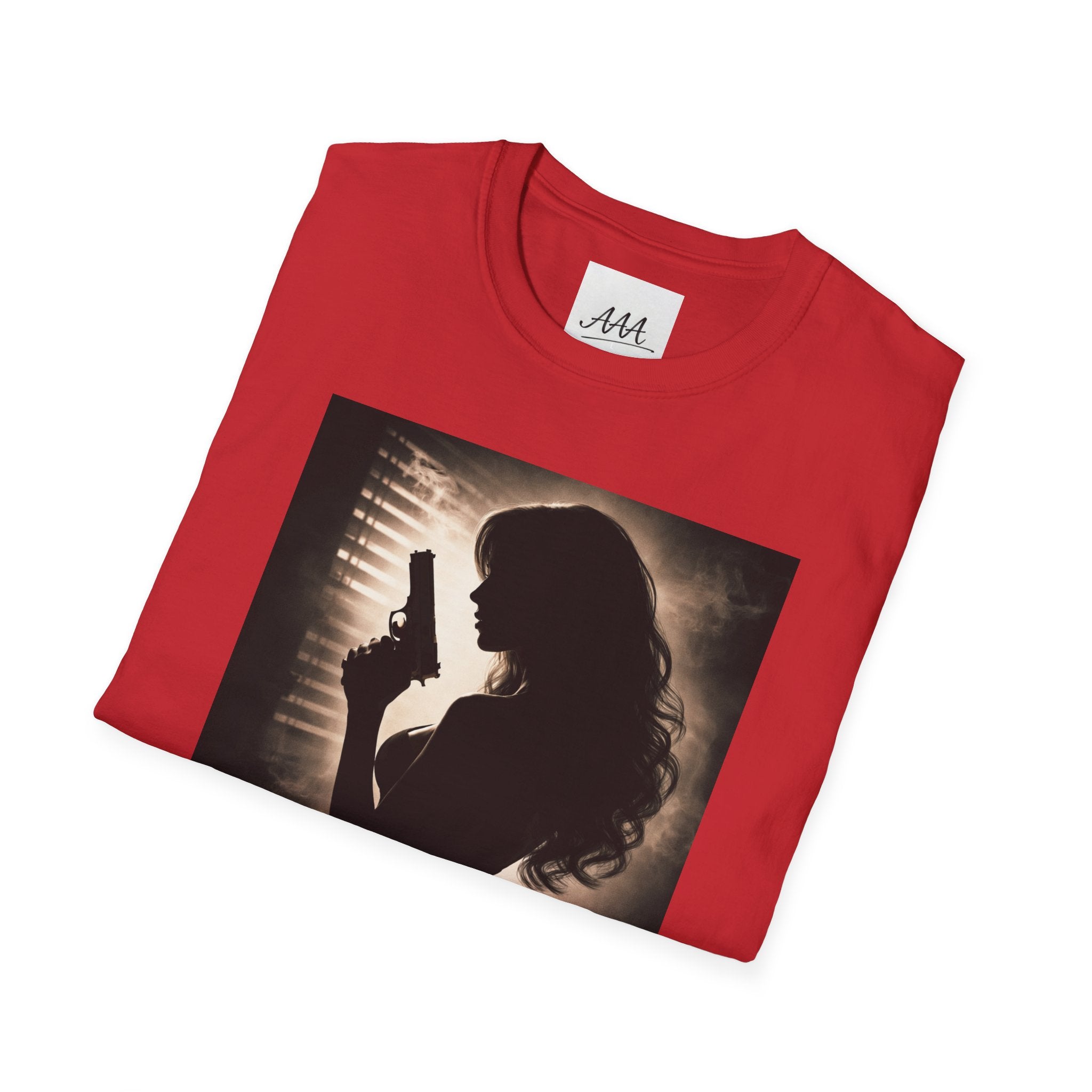 Femme Fatale silhouette T-Shirt | Noir retro poster style, red script