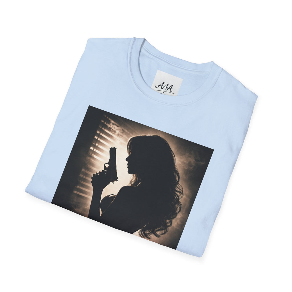 Femme Fatale silhouette T-Shirt | Noir retro poster style, red script