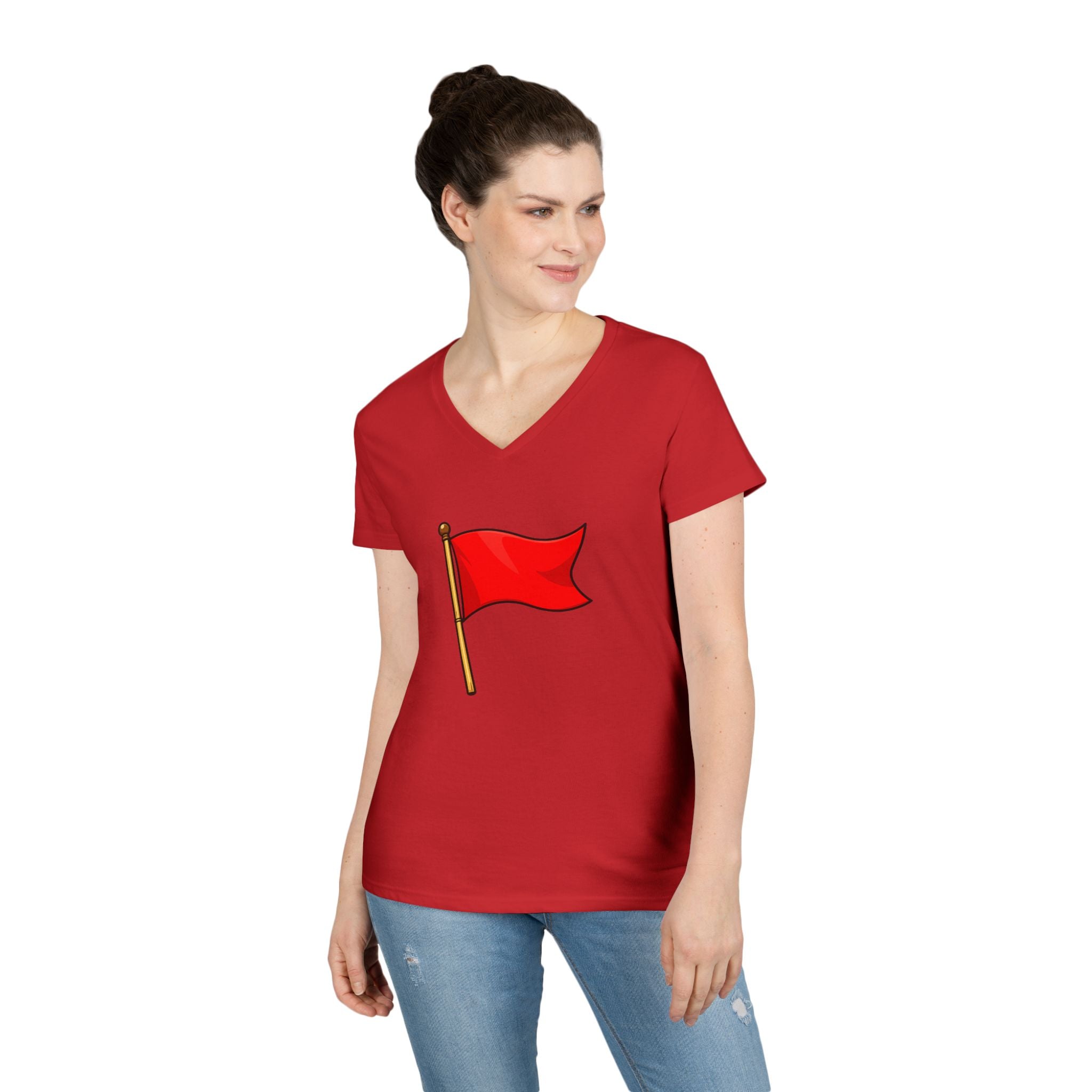 Red Flag Graphic V-Neck Tee Women's Casual Warning Flag T-Shirt