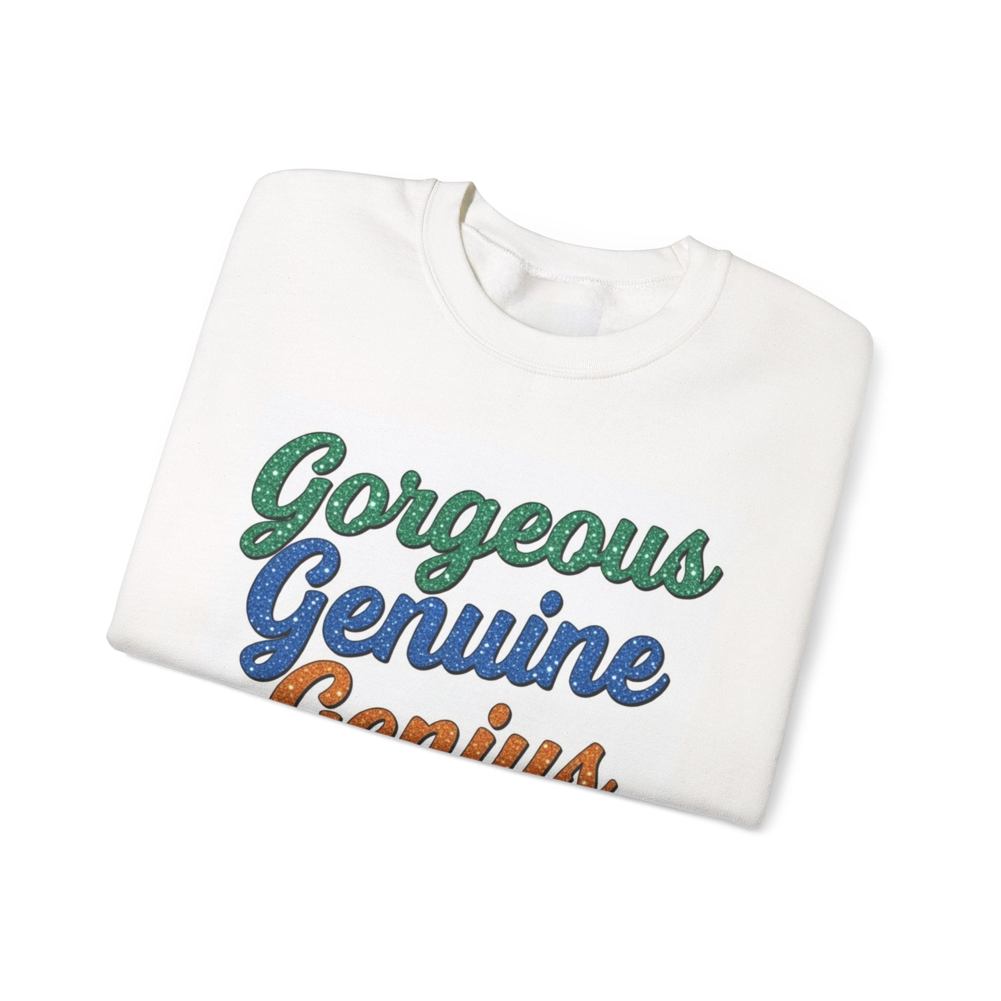 Gorgeous Genuine Genius Sweatshirt | Retro Script Trio in Green Blue Orange