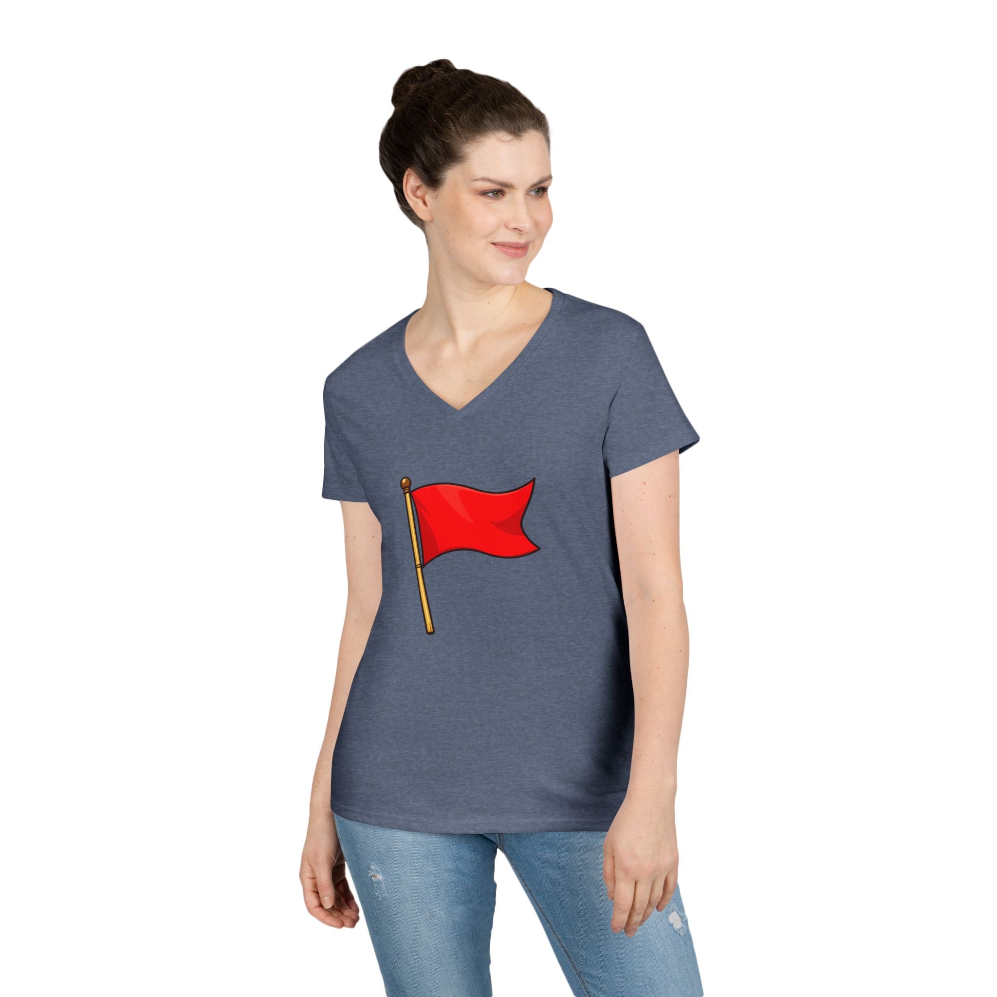 Red Flag Graphic V-Neck Tee Women's Casual Warning Flag T-Shirt