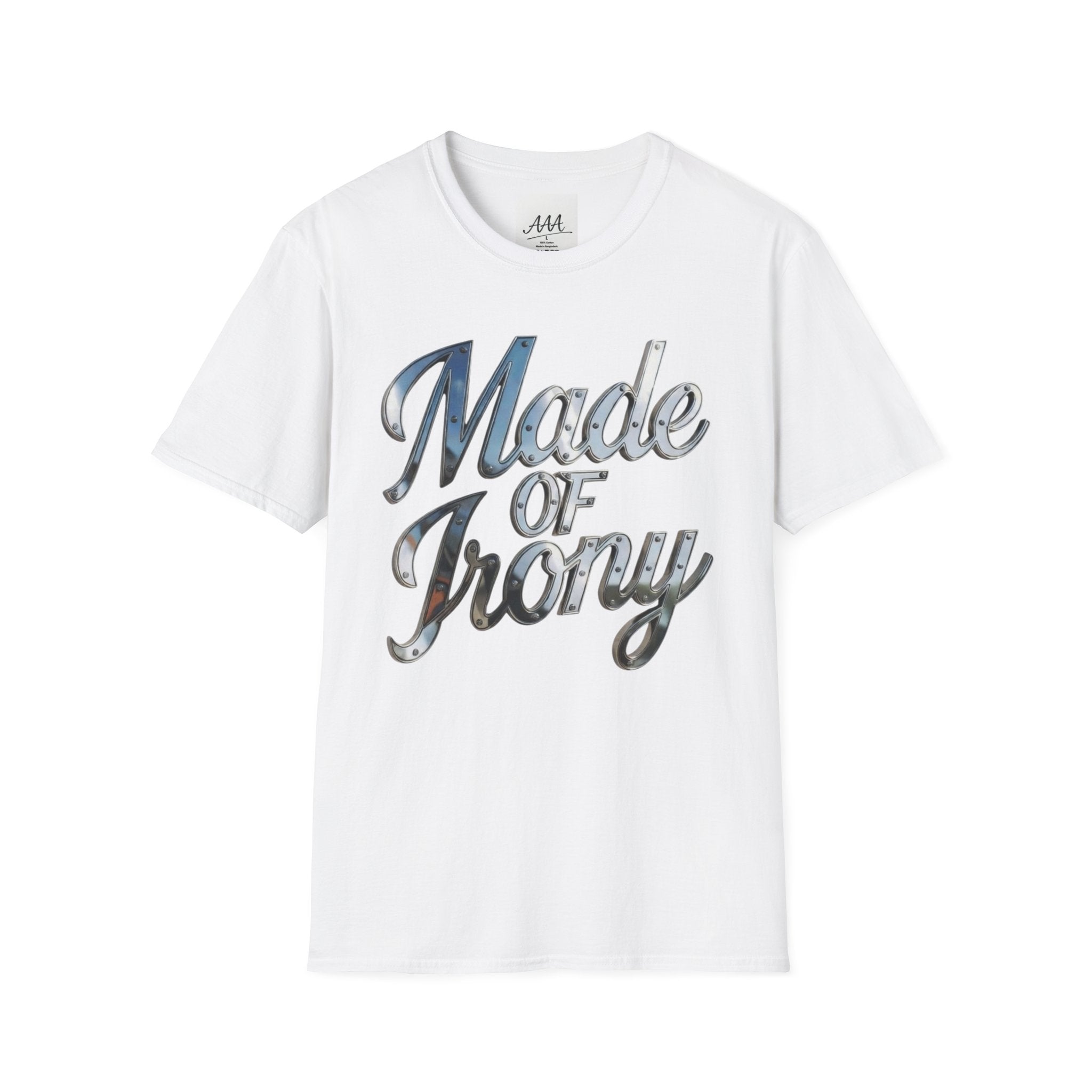 Made of Irony T-Shirt | Funny Science Pun Graphic Tee | Chemistry Humor Shirt | Nerdy Gift for Him | STEM Sarcasm Tee