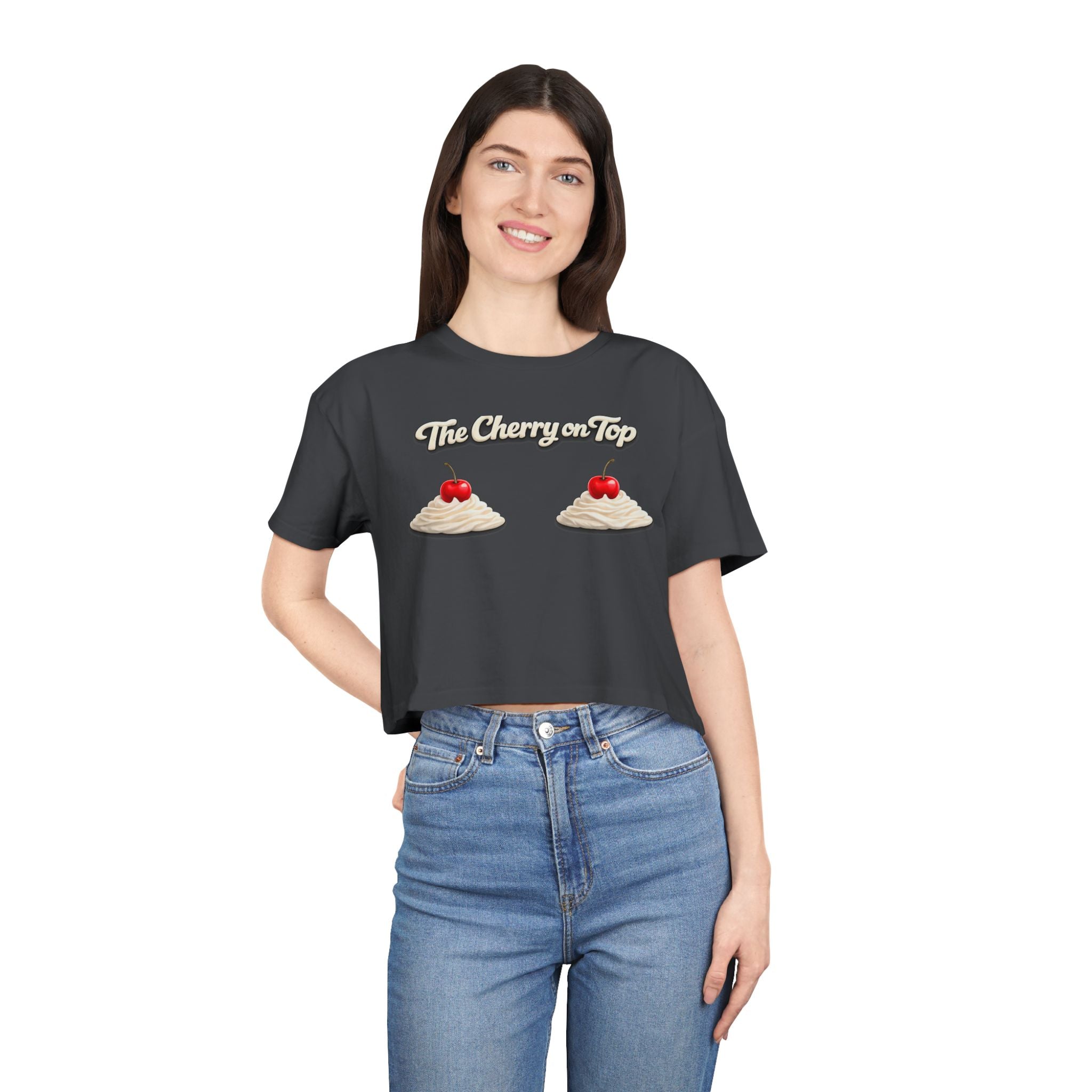 The Cherry on Top | Funny Double Cherry Boob Crop Top | Naughty Whipped Cream Cherry on Top Shirt | Gag Gift for Women