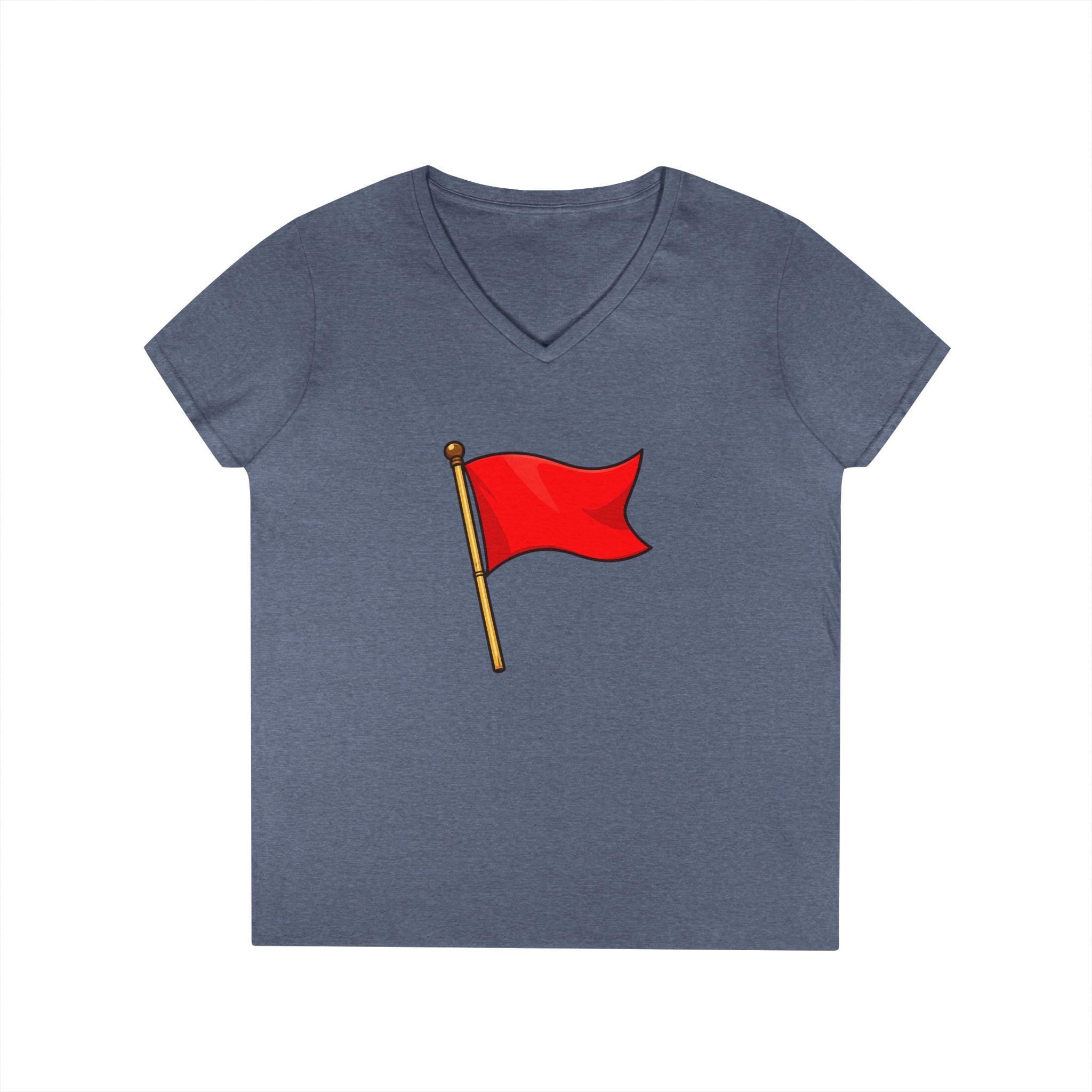 Red Flag Graphic V-Neck Tee Women's Casual Warning Flag T-Shirt