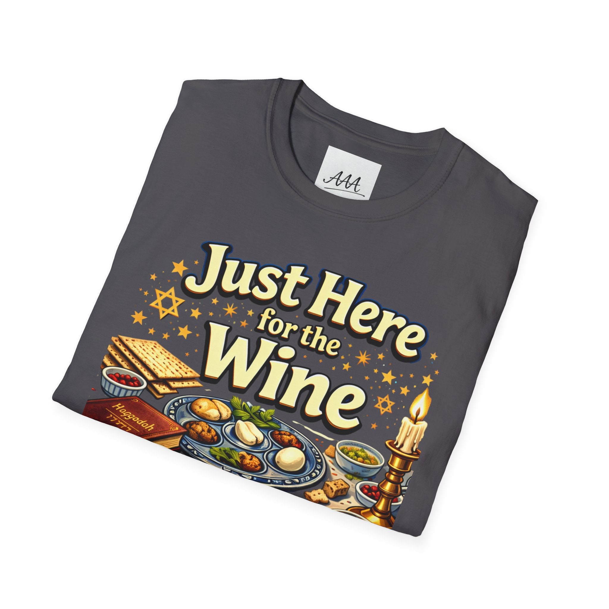 Just Here for the Wine T-Shirt | Passover Seder Illustration, Wine Cups & Matzah