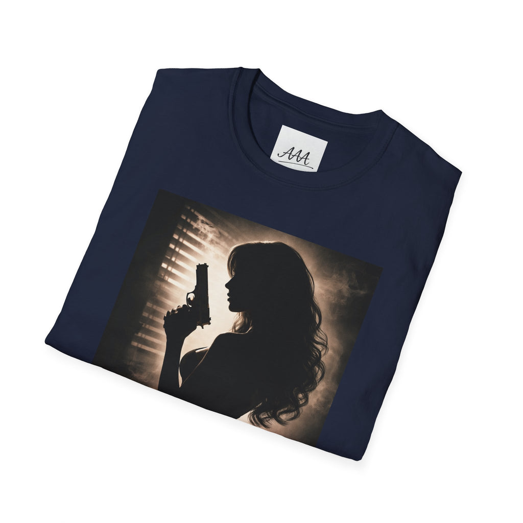 Femme Fatale silhouette T-Shirt | Noir retro poster style, red script