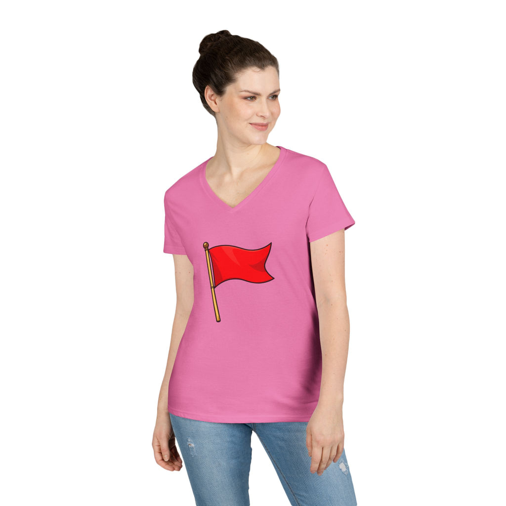 Red Flag Graphic V-Neck Tee Women's Casual Warning Flag T-Shirt