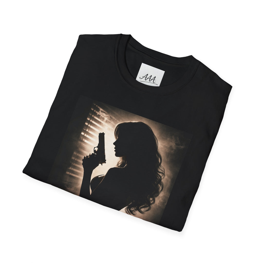 Femme Fatale silhouette T-Shirt | Noir retro poster style, red script
