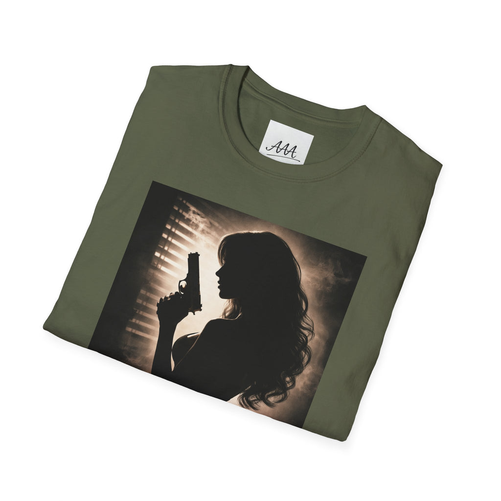 Femme Fatale silhouette T-Shirt | Noir retro poster style, red script