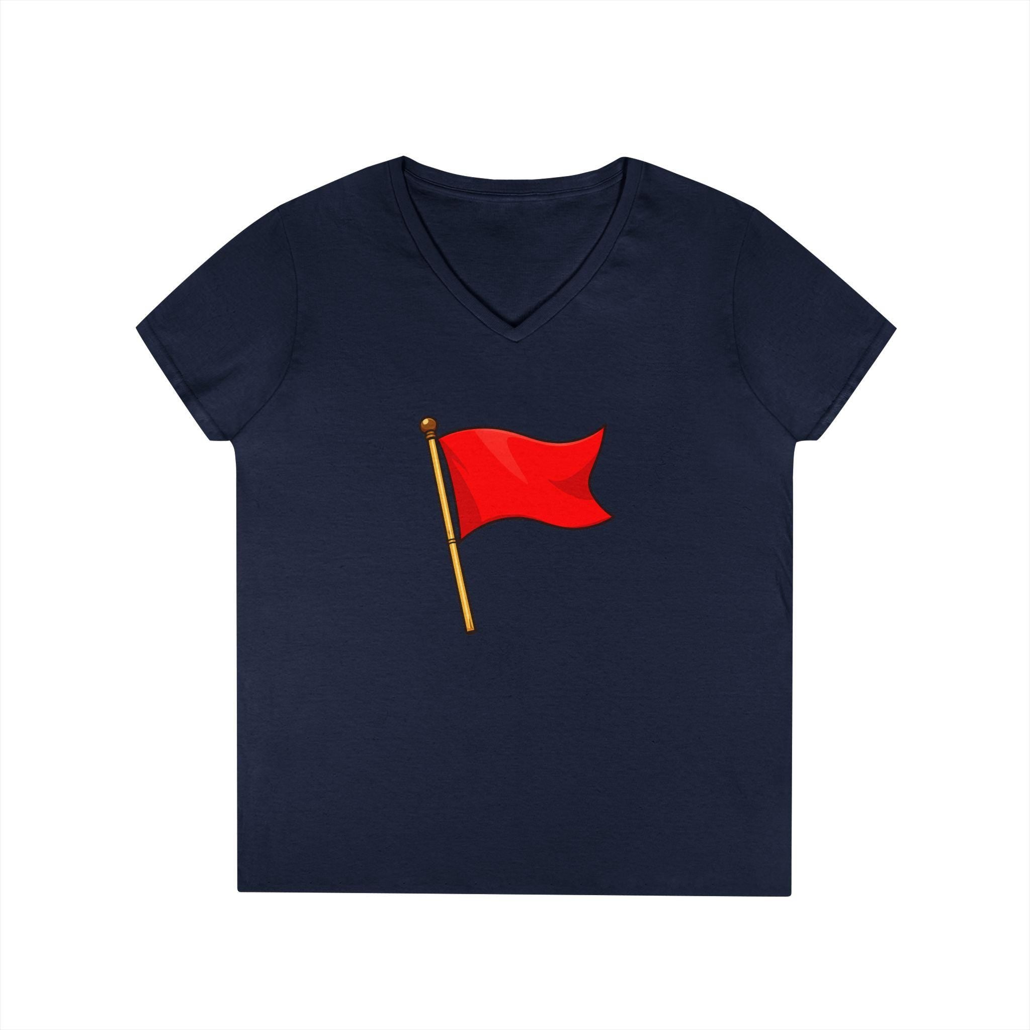 Red Flag Graphic V-Neck Tee Women's Casual Warning Flag T-Shirt