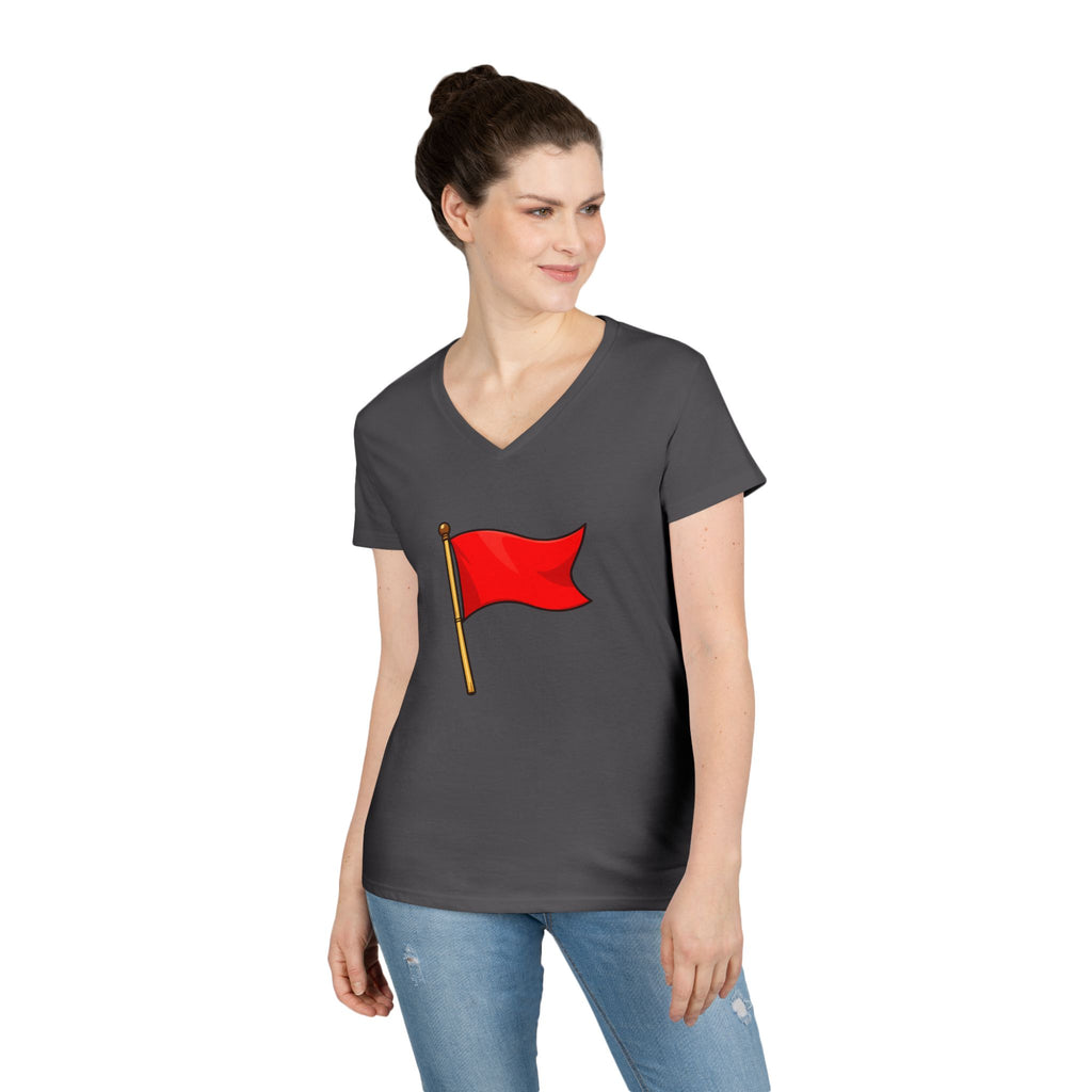 Red Flag Graphic V-Neck Tee Women's Casual Warning Flag T-Shirt