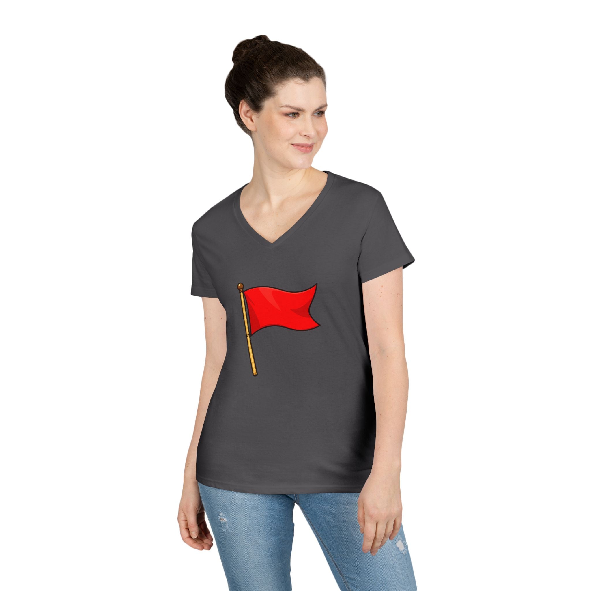 Red Flag Graphic V-Neck Tee Women's Casual Warning Flag T-Shirt