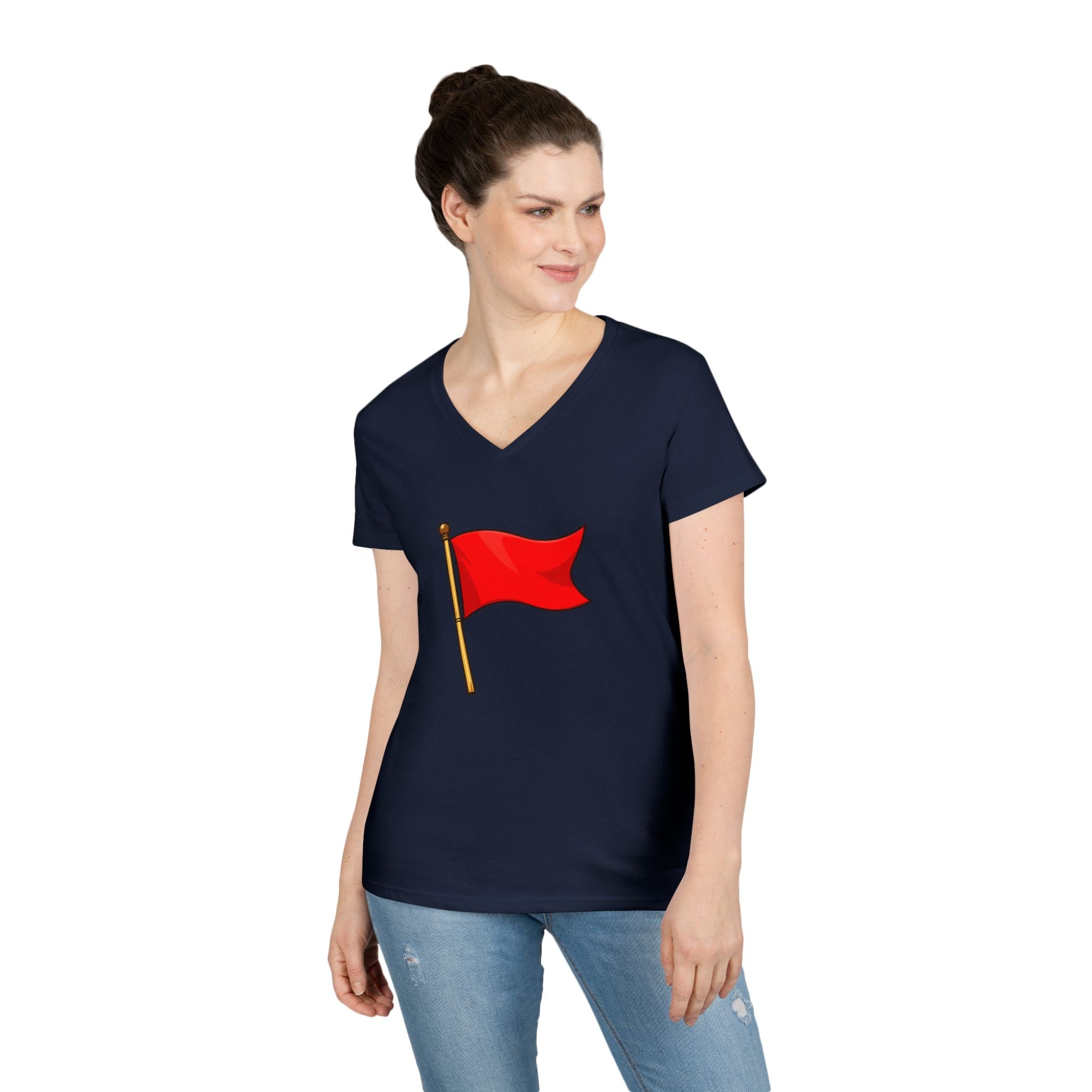 Red Flag Graphic V-Neck Tee Women's Casual Warning Flag T-Shirt