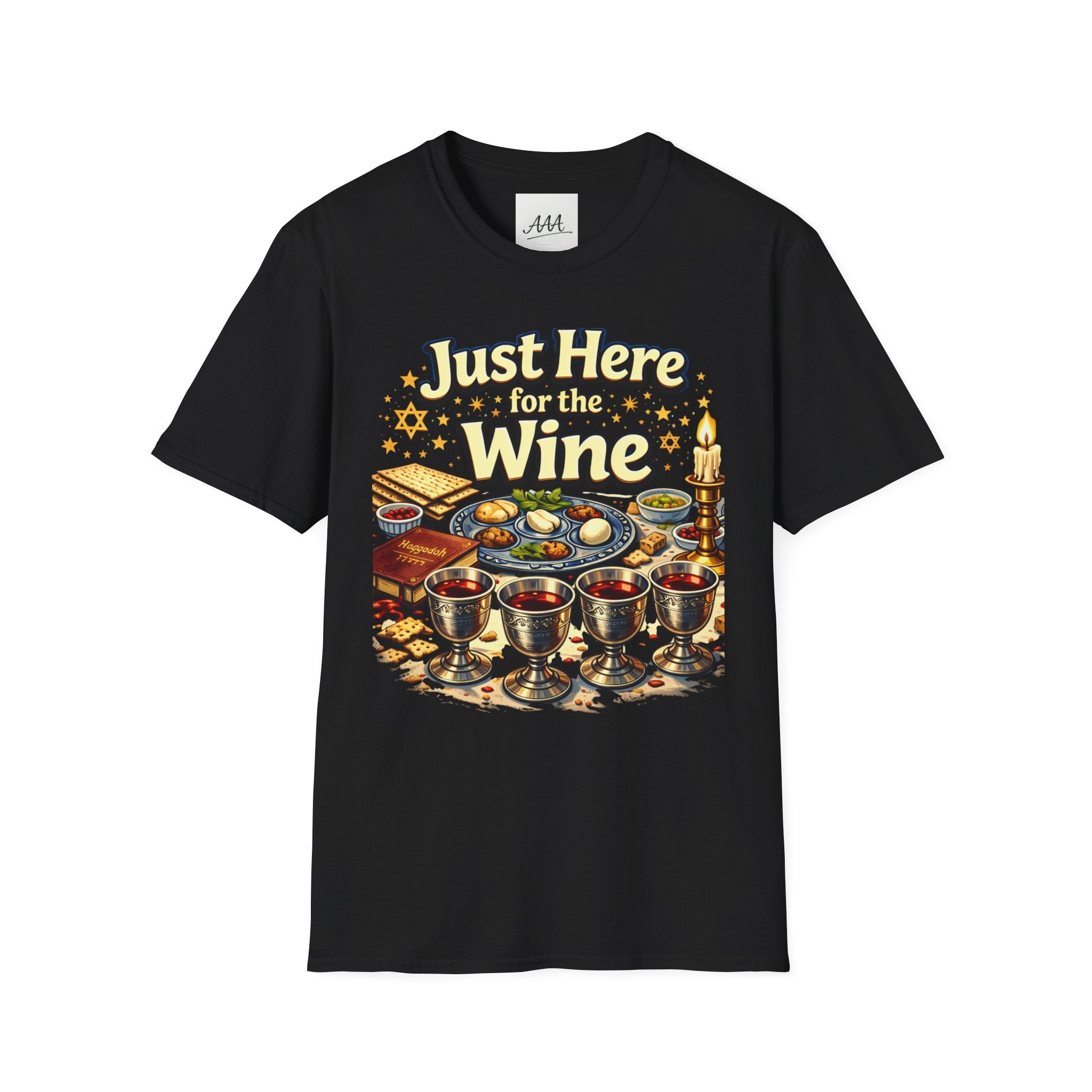 Just Here for the Wine T-Shirt | Passover Seder Illustration, Wine Cups & Matzah