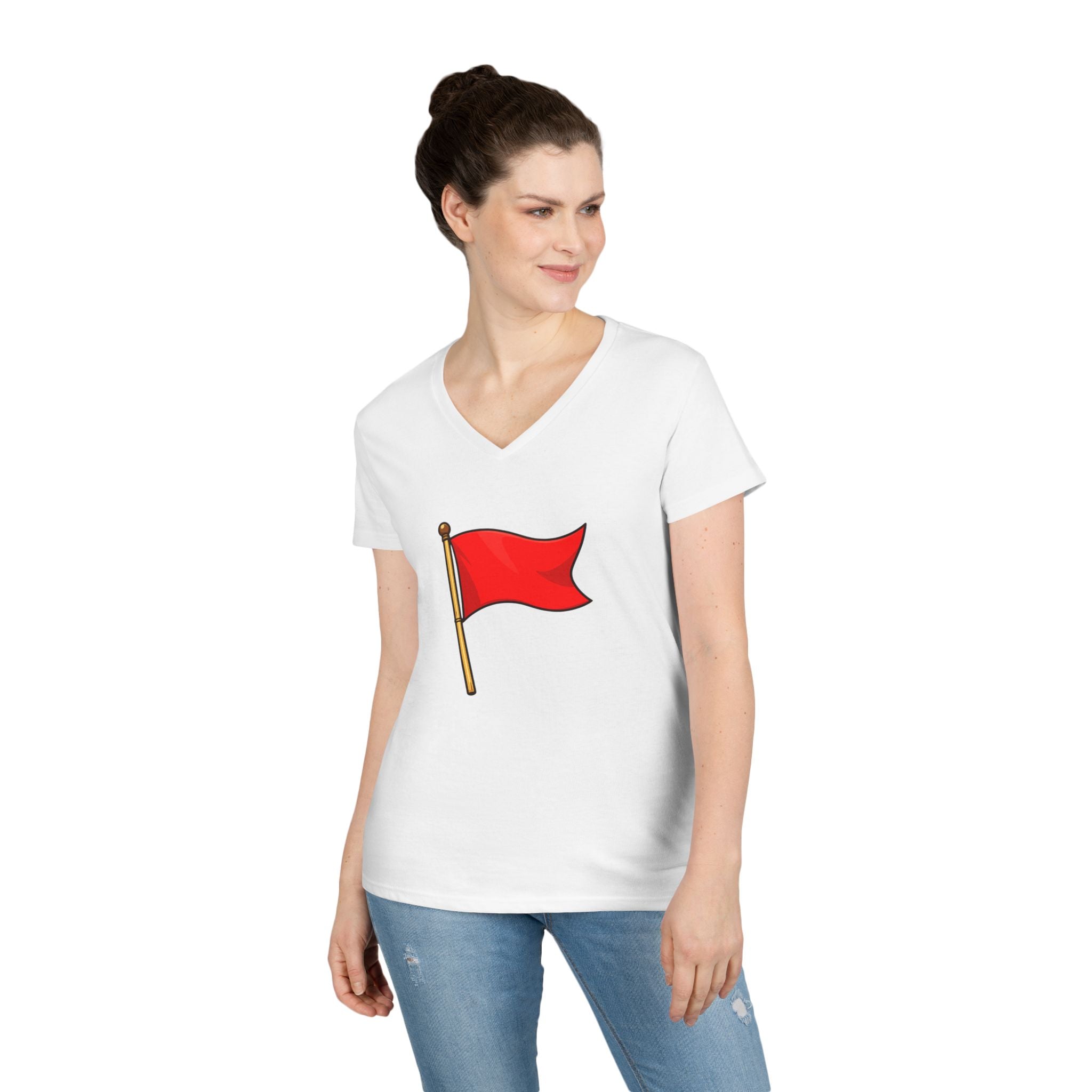 Red Flag Graphic V-Neck Tee Women's Casual Warning Flag T-Shirt