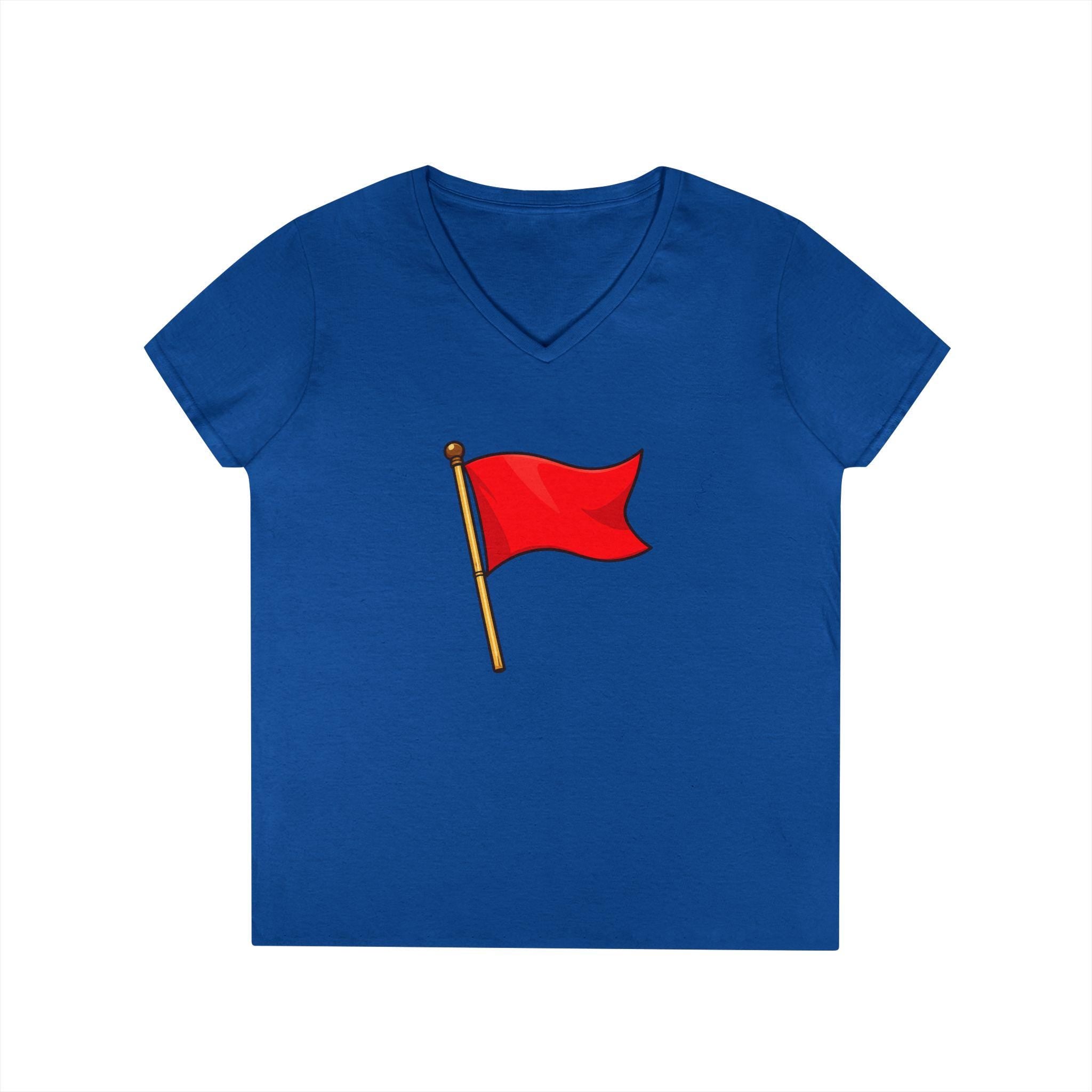 Red Flag Graphic V-Neck Tee Women's Casual Warning Flag T-Shirt